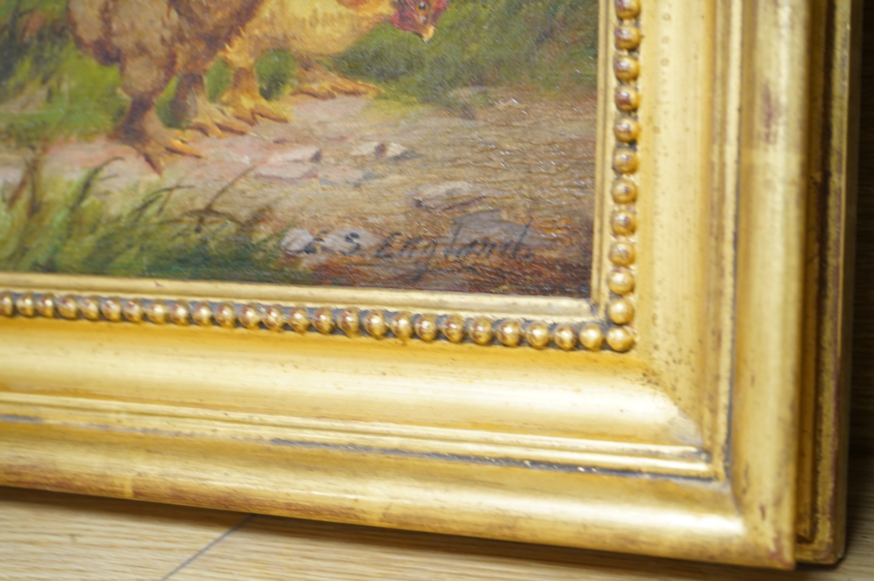 Edward S. England (fl.1890-1910), Studies of chickens before landscapes, each signed, pair of oils on canvas, 24 x 34cm, gilt framed